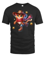 Cowboy Cat Ice Skating Tee - black t-shirt on white background