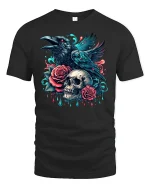 Gothic Raven Skull Tee - black t-shirt on white background
