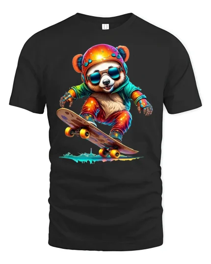Cool Skateboarding Panda Graphic Tee - black t-shirt on white background