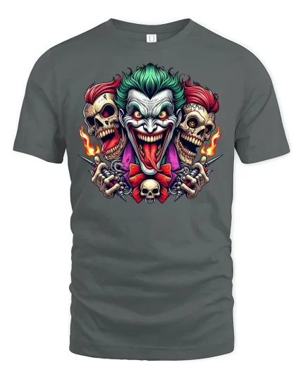 Evil Joker Skull Chaos Horror T-Shirt - gray t-shirt on white background