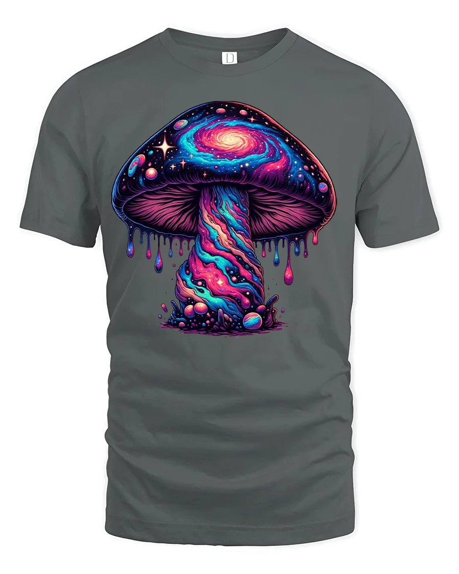 Cosmic Galaxy Mushroom Tee - 1 Cosmic Galaxy Mushroom Tee - gray t-shirt on white background