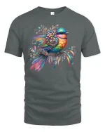 Colorful Gem Bird Floral T-Shirt - gray t-shirt on white background