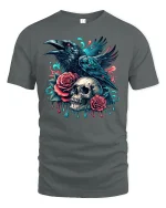 Gothic Raven Skull Tee - gray t-shirt on white background