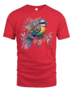 Colorful Gem Bird Floral T-Shirt - red t-shirt on white background