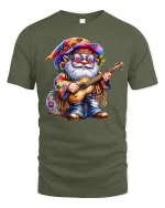 Hippie Gnome Guitar Player T-shirt - military green t-shirt on white background