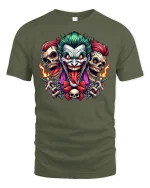 Evil Joker Skull Chaos Horror T-Shirt - military green t-shirt on white background