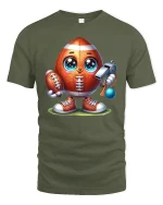 Funny Football Cartoon Character Tee - military green t-shirt on white background