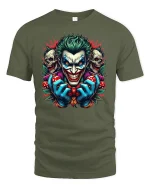 Evil Clown Dice Joker Face Tee - military green t-shirt on white background