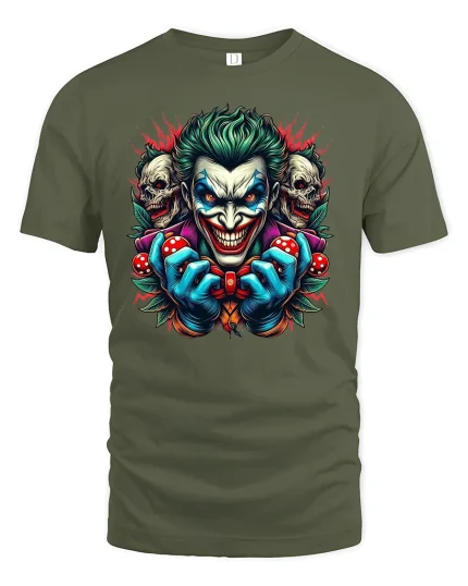 Evil Clown Dice Joker Face Tee - military green t-shirt on white background