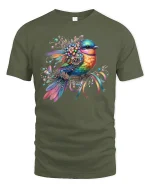 Colorful Gem Bird Floral T-Shirt - military green t-shirt on white background