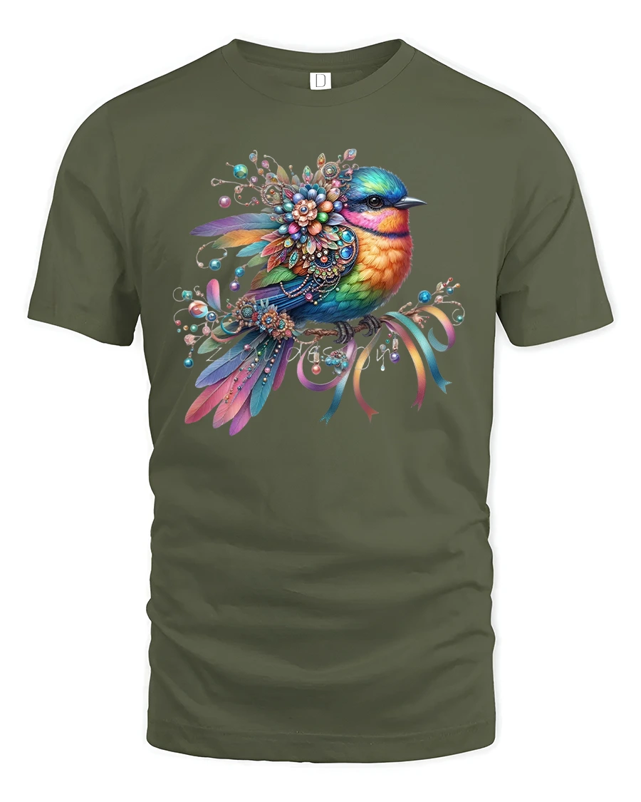 Colorful Gem Bird Floral T-Shirt - 1 Colorful Gem Bird Floral T-Shirt - military green t-shirt on white background