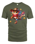 Cowboy Cat Ice Skating Tee - military green t-shirt on white background