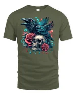 Gothic Raven Skull Tee - military green t-shirt on white background