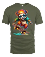 Cool Skateboarding Panda Graphic Tee - military green t-shirt on white background