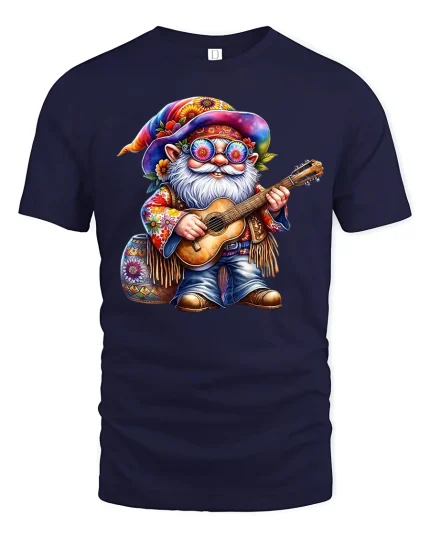 Hippie Gnome Guitar Player T-shirt - navy t-shirt on white background