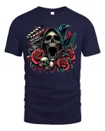 Grim Reaper Movie Horror Tee - navy t-shirt on white background