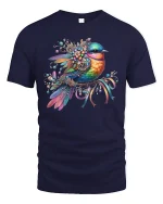 Colorful Gem Bird Floral T-Shirt - navy t-shirt on white background