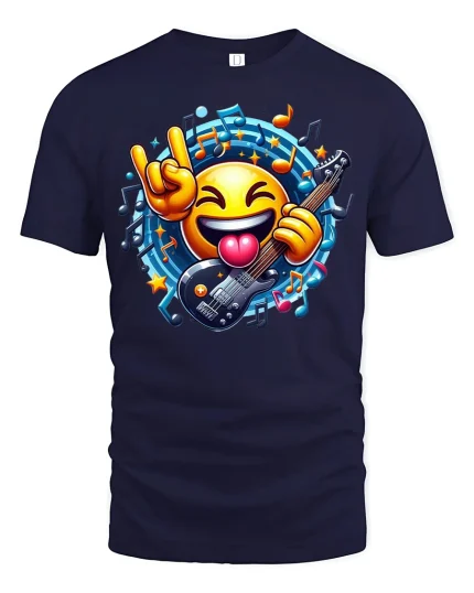 Rock On Emoji Guitar Fun Vibes T-Shirt - navy t-shirt on white background