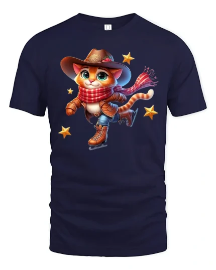 Cowboy Cat Ice Skating Tee - navy t-shirt on white background