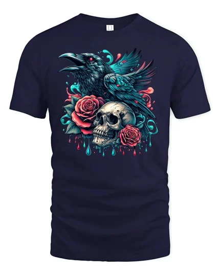Gothic Raven Skull Tee - navy t-shirt on white background