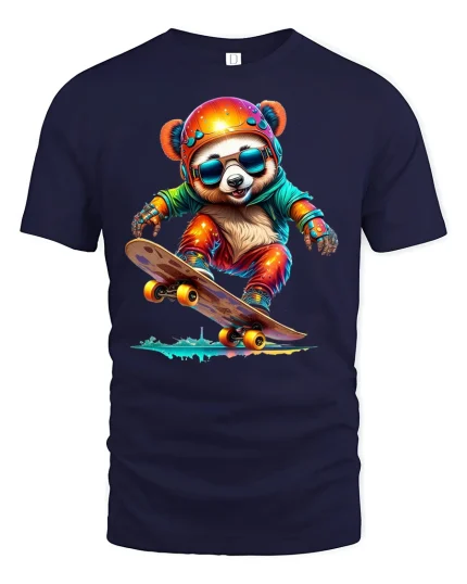 Cool Skateboarding Panda Graphic Tee - navy t-shirt on white background