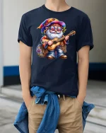 Hippie Gnome Guitar Player T-shirt - model wearing Navy T-shirt, hands in pockets, denim shirt at waist