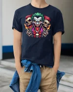 Evil Joker Skull Chaos Horror T-Shirt - model wearing Navy T-shirt, hands in pockets, denim shirt at waist
