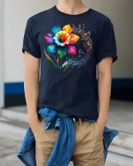 Rainbow Blossom Melody Tee - model wearing Navy T-shirt, hands in pockets, denim shirt at waist
