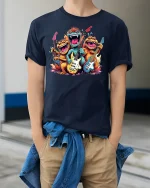 Rock Band Monster Graphic Funny T-shirt - model wearing Navy T-shirt, hands in pockets, denim shirt at waist