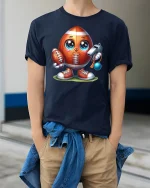 Funny Football Cartoon Character Tee - model wearing Navy T-shirt, hands in pockets, denim shirt at waist