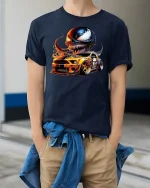 Venom Muscle Car Flames Racing Tee - model wearing Navy T-shirt, hands in pockets, denim shirt at waist