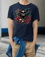 Grim Reaper Movie Horror Tee - model wearing Navy T-shirt, hands in pockets, denim shirt at waist