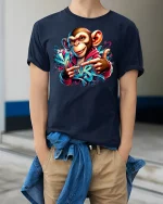 Street Vibes Monkey Graffiti Art Tee - model wearing Navy T-shirt, hands in pockets, denim shirt at waist