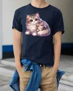 Cute Mother and Baby Cats Tee - model wearing Navy T-shirt, hands in pockets, denim shirt at waist