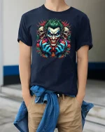 Evil Clown Dice Joker Face Tee - model wearing Navy T-shirt, hands in pockets, denim shirt at waist