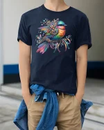 Colorful Gem Bird Floral T-Shirt - model wearing Navy T-shirt, hands in pockets, denim shirt at waist