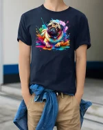 Pug Dog Funny Graphic T-Shirt - model wearing Navy T-shirt, hands in pockets, denim shirt at waist