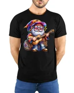 Hippie Gnome Guitar Player T-shirt - model with hands behind back, wearing Black T-shirt and blue jeans