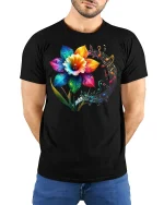 Rainbow Blossom Melody Tee - model with hands behind back, wearing Black T-shirt and blue jeans