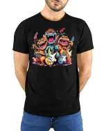 Rock Band Monster Graphic Funny T-shirt - model with hands behind back, wearing Black T-shirt and blue jeans