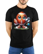 Funny Football Cartoon Character Tee - model with hands behind back, wearing Black T-shirt and blue jeans