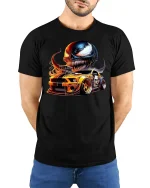 Venom Muscle Car Flames Racing Tee - model with hands behind back, wearing Black T-shirt and blue jeans
