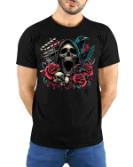 Grim Reaper Movie Horror Tee - model with hands behind back, wearing Black T-shirt and blue jeans