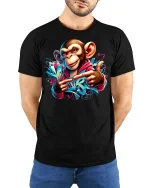 Street Vibes Monkey Graffiti Art Tee - model with hands behind back, wearing Black T-shirt and blue jeans