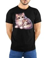 Cute Mother and Baby Cats Tee - model with hands behind back, wearing Black T-shirt and blue jeans