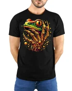 Colorful Fantasy Frog Design Tee - model with hands behind back, wearing Black T-shirt and blue jeans