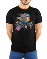 Colorful Gem Bird Floral T-Shirt - model with hands behind back, wearing Black T-shirt and blue jeans