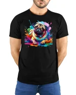 Pug Dog Funny Graphic T-Shirt - model with hands behind back, wearing Black T-shirt and blue jeans