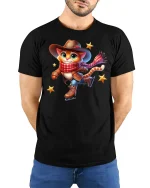Cowboy Cat Ice Skating Tee - model with hands behind back, wearing Black T-shirt and blue jeans