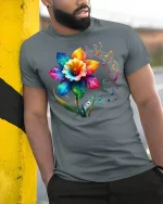 Rainbow Blossom Melody Tee - model leaning on yellow-black pole, wearing Gray T-shirt, hand in pocket